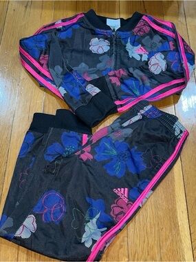 adidas Kids Black Floral Joggers with Pink Trim